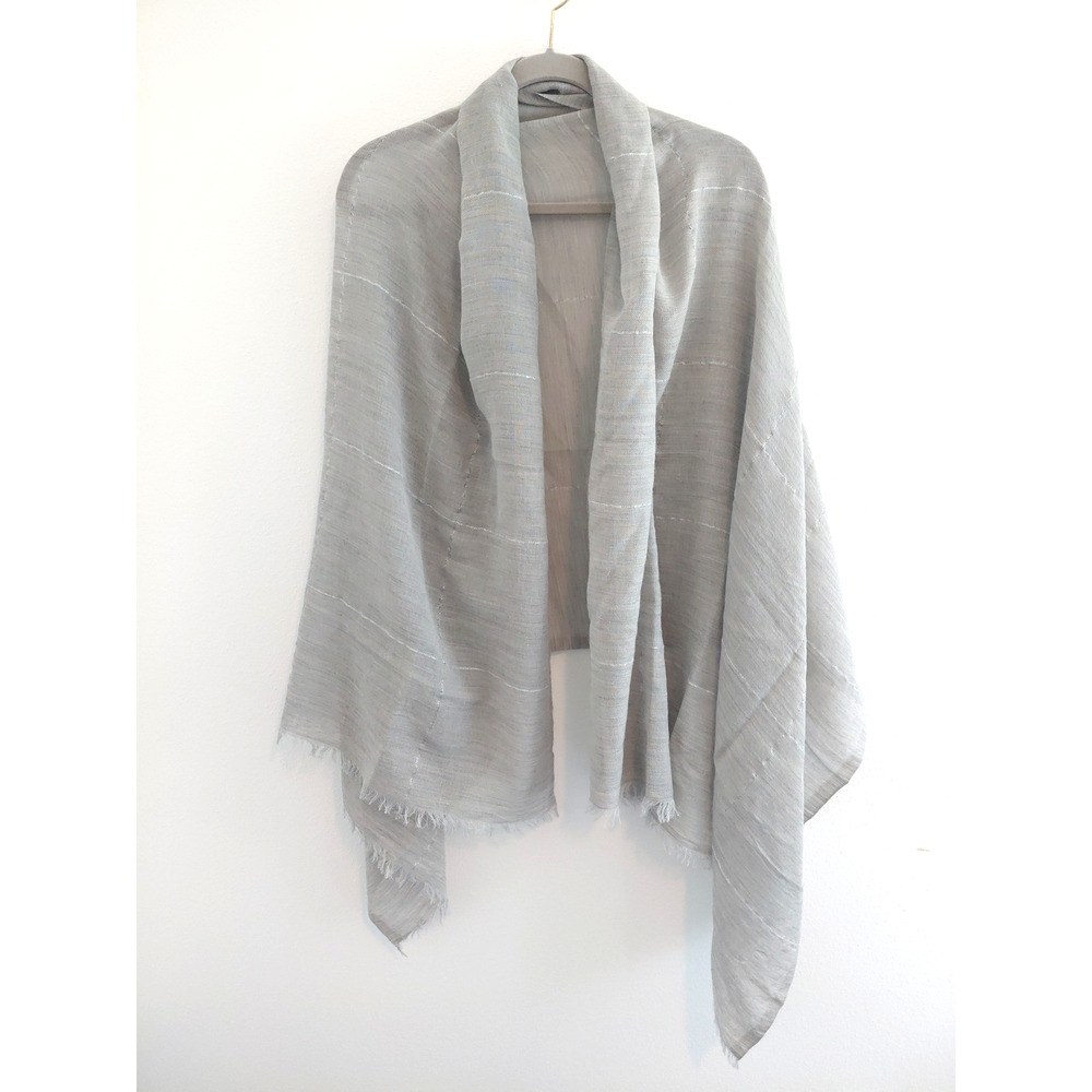 Quiet Luxury Linen Lightweight Scarf Wrap Fringe Grey Silver Tinsel Minimalist